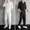 Men's summer cotton-linen outfit with ice silk short-sleeve T-shirt, casual sportswear, a stylish set - 图片 10