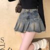 Vintage distressed raw denim skirt women's summer new skirt hottie pleated skirt high waist a-line skirt - 图片 2