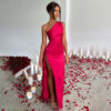 One-shoulder, smocked, slit, sexy satin dress, European and American summer temperament, slim solid color long skirt - 图片 32