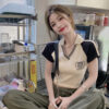 American Shoulder T-Shirt Women's Summer 2025 New College Polo Neck Slim Slim Slim Printed Short Sleeve Top ins - 图片 6