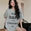 American vintage letter print short sleeve t-shirt women's summer design sense pearl crew neck loose casual gray top - 图片 5