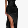 One-shoulder, smocked, slit, sexy satin dress, European and American summer temperament, slim solid color long skirt - 图片 25