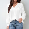 Women's satin pleated long-sleeved top V-neck casual loose satin commuter shirt - 图片 10