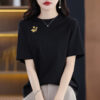 T-shirt women's short sleeve round neck embroidery mercerized cotton loose 2025 new top design sense age reduction cotton half-sleeved summer - 图片 15