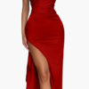 One-shoulder, smocked, slit, sexy satin dress, European and American summer temperament, slim solid color long skirt - 图片 26