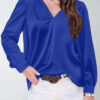 Women's satin pleated long-sleeved top V-neck casual loose satin commuter shirt - 图片 12