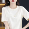 T-shirt women's short sleeve round neck embroidery mercerized cotton loose 2025 new top design sense age reduction cotton half-sleeved summer - 图片 16