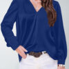 Women's satin pleated long-sleeved top V-neck casual loose satin commuter shirt - 图片 15