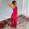One-shoulder, smocked, slit, sexy satin dress, European and American summer temperament, slim solid color long skirt - 图片 34