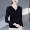 Spring and Autumn new mesh long-sleeved waist-cinching base shirt design sense cross V-neck pleated blouse shirt - 图片 3