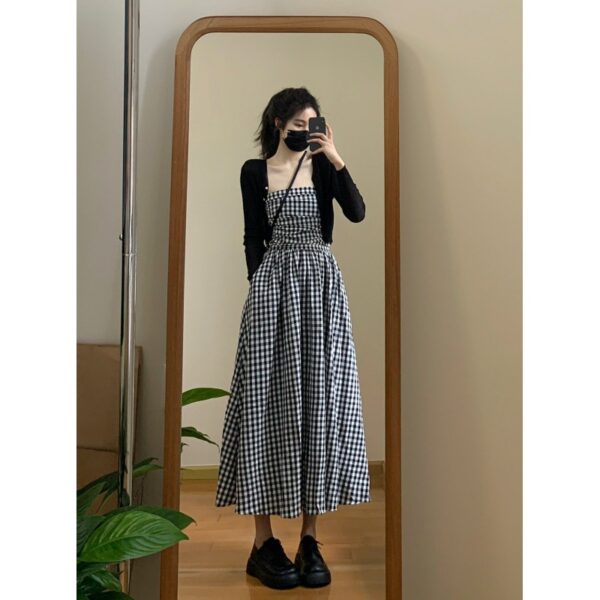 Black and white checkered bandeau dress women's 2025 new wrap long skirt + thin long sleeve lazy style knit sweater set