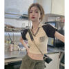 American Shoulder T-Shirt Women's Summer 2025 New College Polo Neck Slim Slim Slim Printed Short Sleeve Top ins - 图片 7