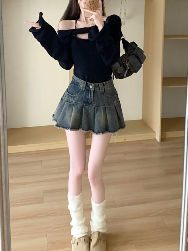 Vintage distressed raw denim skirt women's summer new skirt hottie pleated skirt high waist a-line skirt