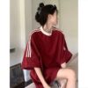 100% heavy cotton american vintage burgundy three bar short sleeve summer t-shirt loose couple ins top women - 图片 3