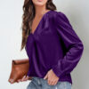 Women's satin pleated long-sleeved top V-neck casual loose satin commuter shirt - 图片 2