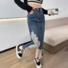 High-waisted, ripped side slit denim skirt, women's spring and autumn new thin, A-line babes, hip-wrapping long skirts, ins tide - 图片 8