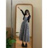 Black and white checkered bandeau dress women's 2025 new wrap long skirt + thin long sleeve lazy style knit sweater set - 图片 2