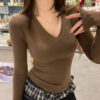 White V-neck shoulder brushed long-sleeved T-shirt women's 2025 Spring and Autumn New Pure Desire Slim Slim Undershirt Top - 图片 6