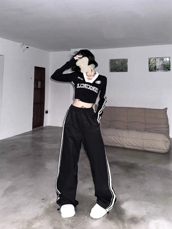 American Sports Stripes Long Sleeve T-Shirt Women's Pre-Autumn Dress Hot Girl V-Neck Printed Crop Top Slim Fit Base Layer Underneath