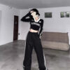 American Sports Stripes Long Sleeve T-Shirt Women's Pre-Autumn Dress Hot Girl V-Neck Printed Crop Top Slim Fit Base Layer Underneath - 图片 3