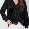 Women's satin pleated long-sleeved top V-neck casual loose satin commuter shirt - 图片 3