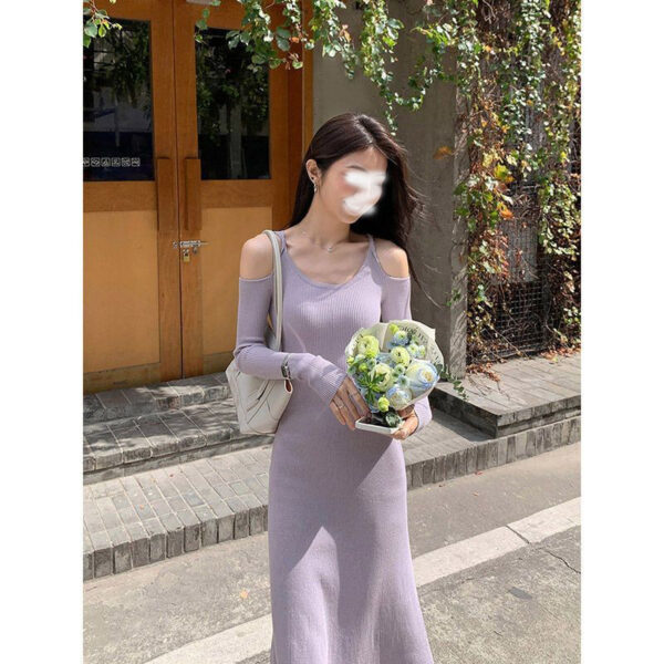 Long-sleeved knitted dress, light luxury, warm ins, French gentle wind, long skirt, thin bottom, purple hip skirt