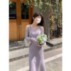 Long-sleeved knitted dress, light luxury, warm ins, French gentle wind, long skirt, thin bottom, purple hip skirt - 图片 6