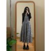 Black and white checkered bandeau dress women's 2025 new wrap long skirt + thin long sleeve lazy style knit sweater set - 图片 3