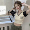 American Shoulder T-Shirt Women's Summer 2025 New College Polo Neck Slim Slim Slim Printed Short Sleeve Top ins - 图片 9