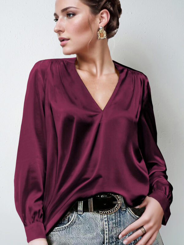 Women's satin pleated long-sleeved top V-neck casual loose satin commuter shirt