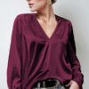 Women's satin pleated long-sleeved top V-neck casual loose satin commuter shirt - 图片 4