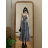 Black and white checkered bandeau dress women's 2025 new wrap long skirt + thin long sleeve lazy style knit sweater set - 图片 4