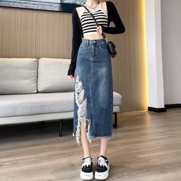 High-waisted, ripped side slit denim skirt, women's spring and autumn new thin, A-line babes, hip-wrapping long skirts, ins tide