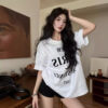American vintage letter print short sleeve t-shirt women's summer design sense pearl crew neck loose casual gray top - 图片 7