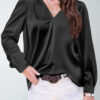 Women's satin pleated long-sleeved top V-neck casual loose satin commuter shirt - 图片 6
