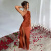 One-shoulder, smocked, slit, sexy satin dress, European and American summer temperament, slim solid color long skirt - 图片 24