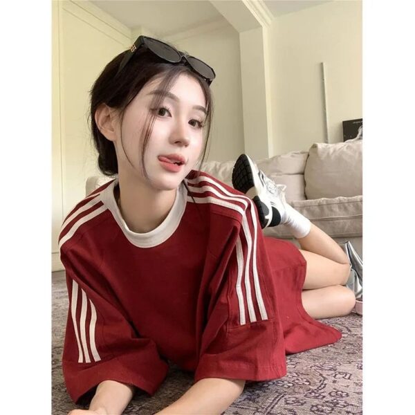 100% heavy cotton american vintage burgundy three bar short sleeve summer t-shirt loose couple ins top women