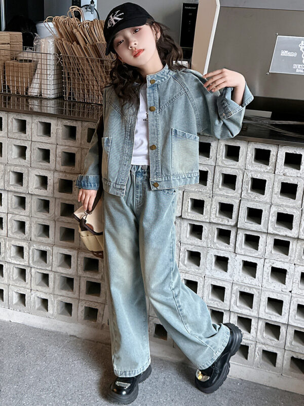 Girls' Spring and Autumn Denim Suits, Fashion Children's 2025 New Trendy Cool Internet Celebrity Fried Street Two-Piece Set