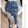 High-waisted, ripped side slit denim skirt, women's spring and autumn new thin, A-line babes, hip-wrapping long skirts, ins tide - 图片 5