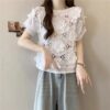 White flower knit cutout ice silk short sleeve small fragrance shoulder t-shirt small slim cropped top women's summer - 图片 3