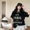 American vintage letter print short sleeve t-shirt women's summer design sense pearl crew neck loose casual gray top - 图片 3