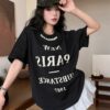 American vintage letter print short sleeve t-shirt women's summer design sense pearl crew neck loose casual gray top - 图片 4