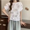 White flower knit cutout ice silk short sleeve small fragrance shoulder t-shirt small slim cropped top women's summer - 图片 4