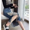 High-waisted, ripped side slit denim skirt, women's spring and autumn new thin, A-line babes, hip-wrapping long skirts, ins tide - 图片 2