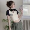 American Shoulder T-Shirt Women's Summer 2025 New College Polo Neck Slim Slim Slim Printed Short Sleeve Top ins - 图片 2