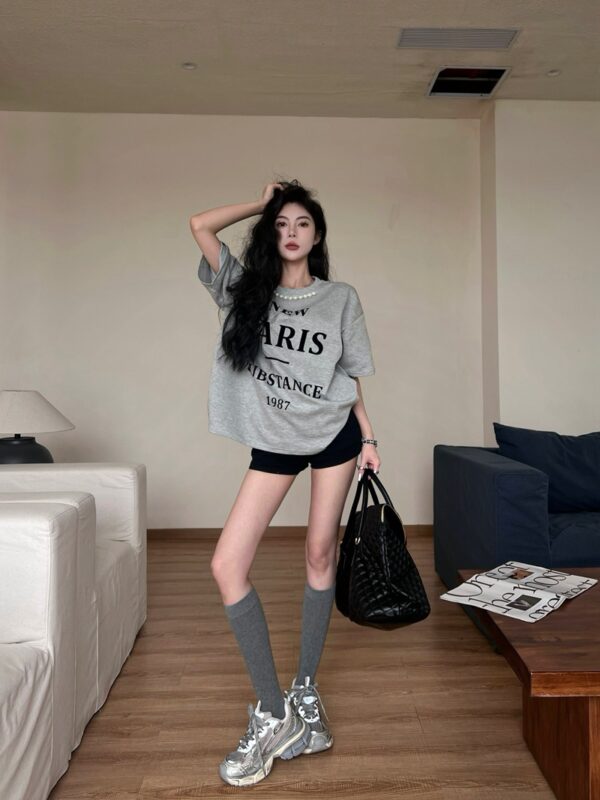 American vintage letter print short sleeve t-shirt women's summer design sense pearl crew neck loose casual gray top