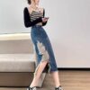 High-waisted, ripped side slit denim skirt, women's spring and autumn new thin, A-line babes, hip-wrapping long skirts, ins tide - 图片 4