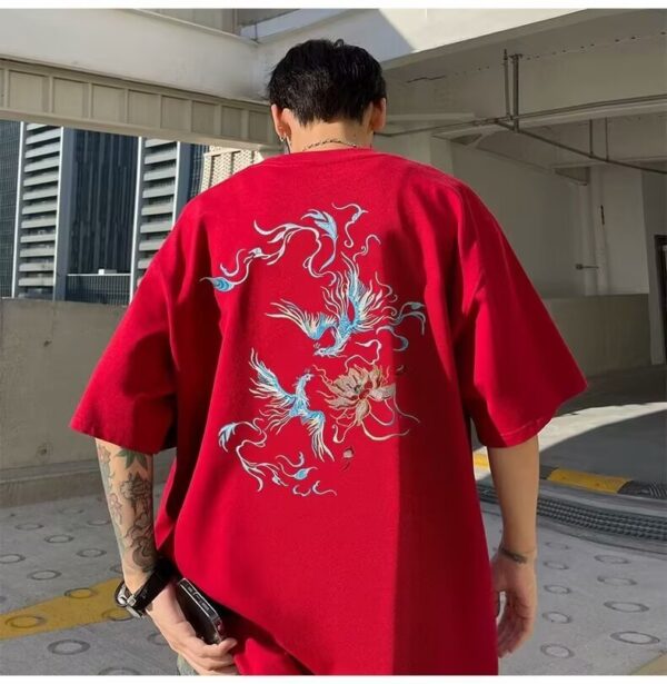 Guochao Chinese style clothes embroidery short sleeve t-shirt men's loose plus size phoenix tide brand heavy half-sleeved summer