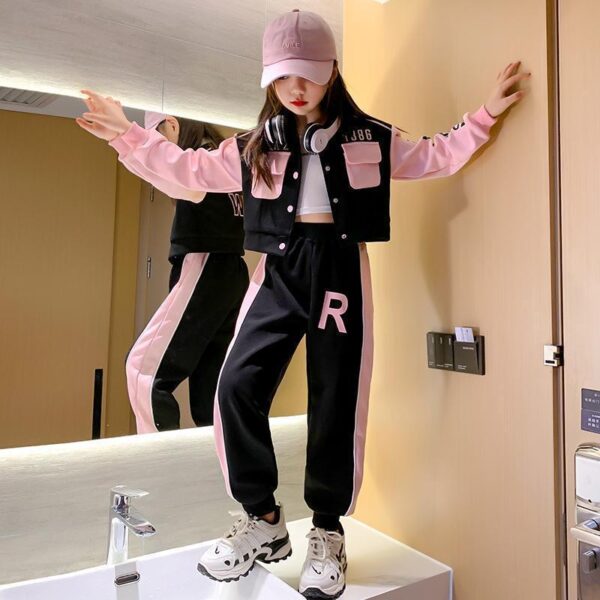 Girls' Spring and Autumn Suits, Internet Celebrities, Medium and Big Boys, Korean Version, Girls Sports Jacket, Fashionable Long Sleeve Children's Workwear Two-Piece Set